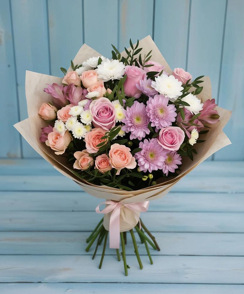 Букет цветов из: Хризантемы, Розы и Альстромерии в Юхнове