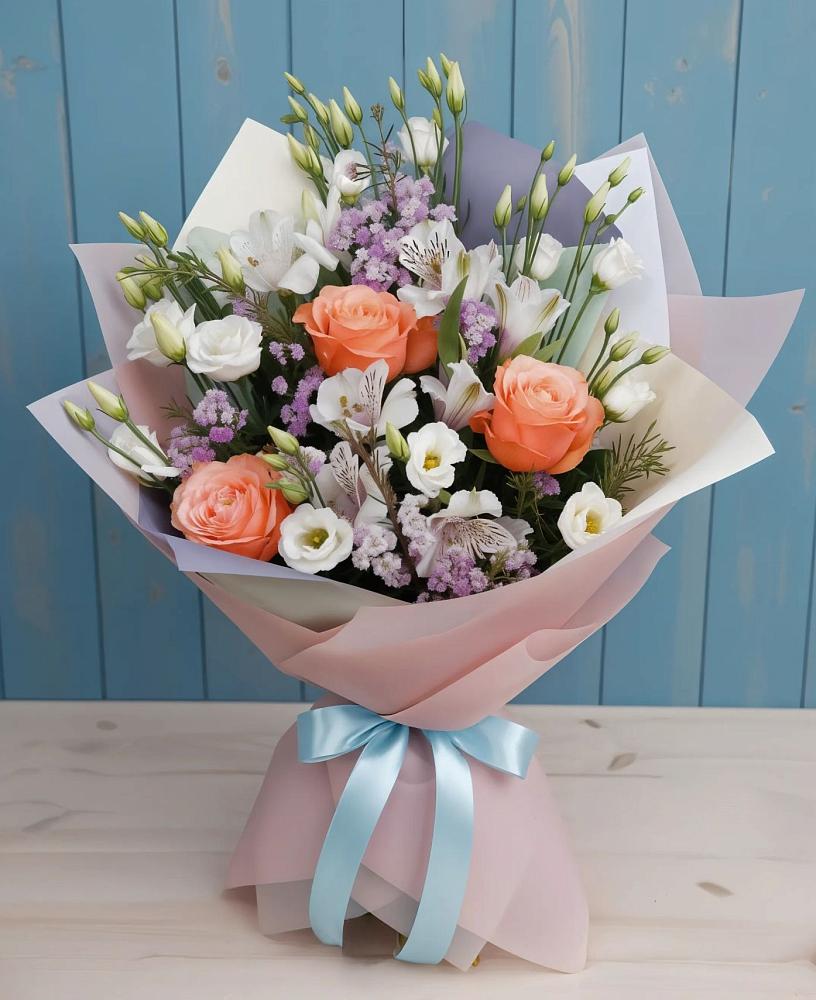Букет цветов из: Лизиантусы, Розы, Альстромерии и Гипсофила в Юхнове