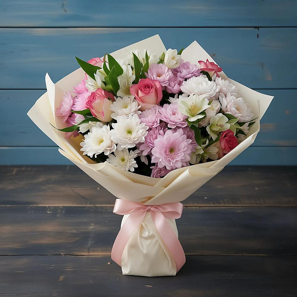 Букет цветов из: Хризантемы, Альстромерии и Розы в Юхнове